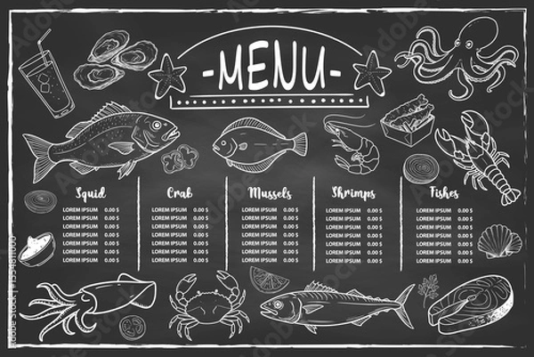 Fototapeta Hand-drawn menu with various seafood, suitable for restaurants and sea cafes.