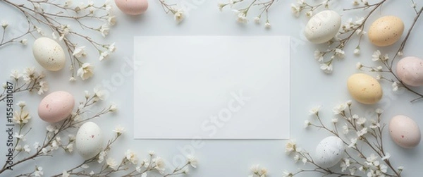 Fototapeta Pastel Easter eggs and white blossoms surrounding blank card on soft background.