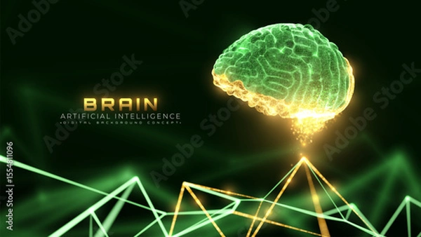 Fototapeta Green brain particle glow with core golden neon light, Futuristic artificial intelligence deep learning science and technology, Luxury digital background. Vector illustration.