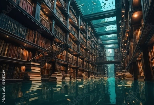 Fototapeta Surreal flooded library with underwater ceiling and floating books concept scene.