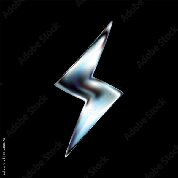 Fototapeta 3D chrome lightning thunderbolt icon in Y2K retro. Glossy metallic shape with electric energy effect. Silver, aluminum or steel element. Futuristic flash symbol. Vector render style.