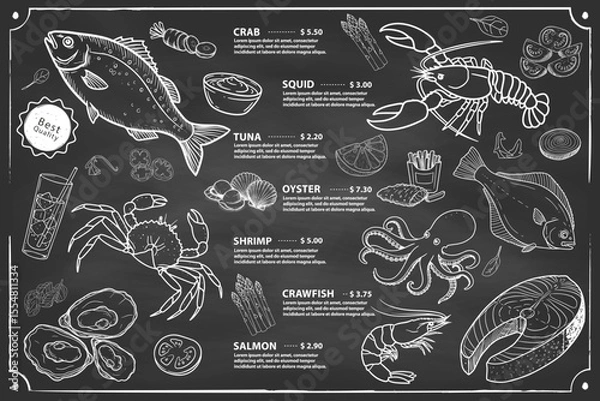 Fototapeta A usable restaurant menu designed with hand-drawn shrimp, various fish, mussel illustrations.