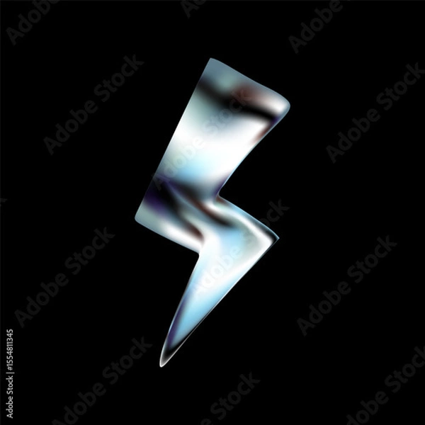 Fototapeta Chrome 3D thunderbolt lightning icon in Y2K style. Metallic silver arrow with electric flash and shock effect. Glossy holographic render with futuristic energy. Vector design on dark background.