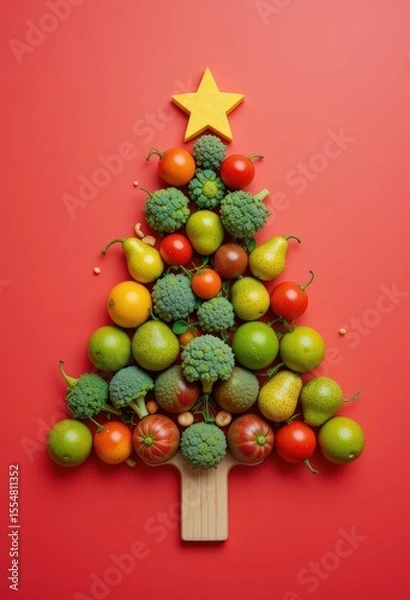Fototapeta Creative Christmas tree made of fruits and vegetables on red background.