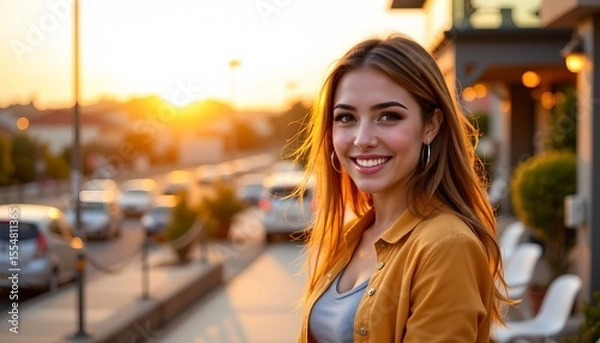 Fototapeta a moment of a woman standing outdoors during sunset. she is dressed casually in a denim jacket and has long hair. the background shows vehicles and buildings, suggesting an urban setting