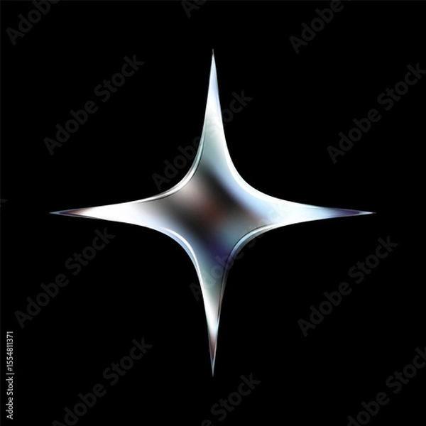 Fototapeta 3D chrome star in Y2K aesthetic. Glossy silver metallic shape with holographic sparkle and fluid shine. Futuristic vector icon with abstract burst effect and cosmic twinkle on black background.