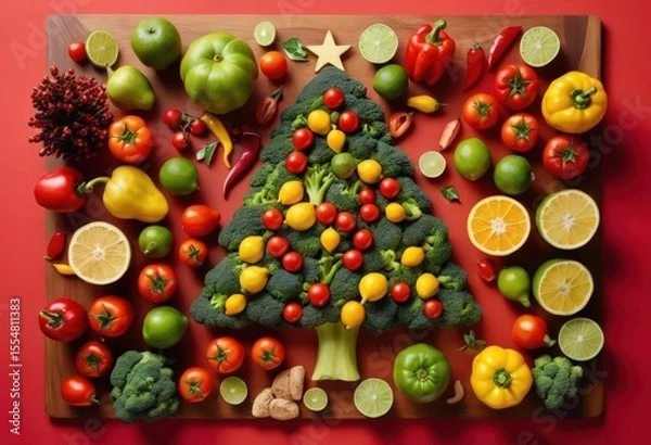 Fototapeta Christmas tree made of broccoli with fruits and vegetables on red background.