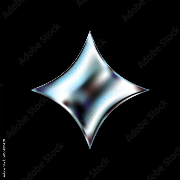 Fototapeta 3D chrome star with silver metallic shine and holographic sparkle. Y2K inspired abstract shape features glossy fluid texture, cosmic twinkle and futuristic burst. Isolated vector on dark background.