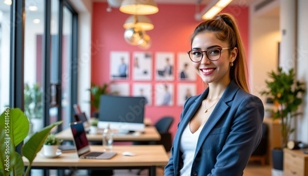 Fototapeta a professional woman seated at her desk in an office environment. she is dressed in business attire with glasses and has a confident smile