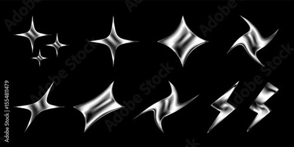 Fototapeta 3D chrome star sticker set with lightning flash and holographic shine. Sleek Y2K aesthetic features dynamic geometric forms, glitter bursts, and cosmic sparkle. Isolated vector on dark background.