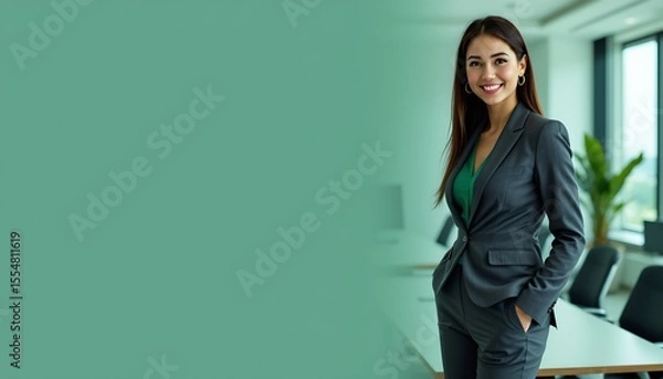 Fototapeta a woman is standing in an office environment, posing for a professional portrait. she's dressed in business attire, complete with a blazer, and is smiling at the camera