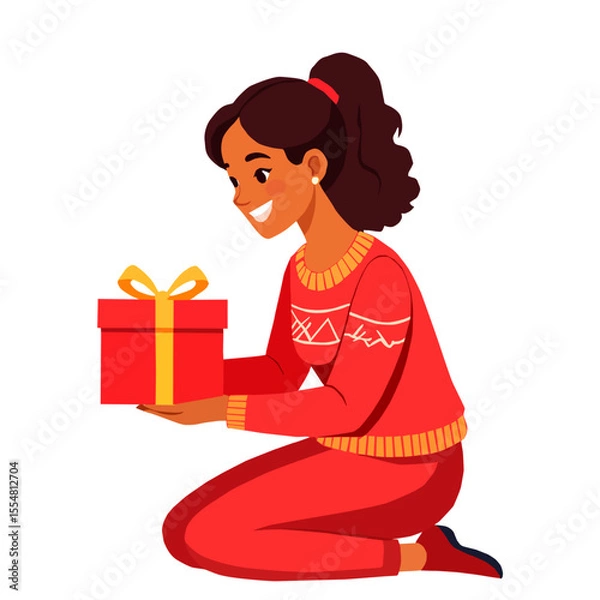 Obraz Smiling woman wearing a Christmas sweater holding a red gift with a yellow bow. Vector illustration in flat style on a white background, a concept of celebration and gift-giving.