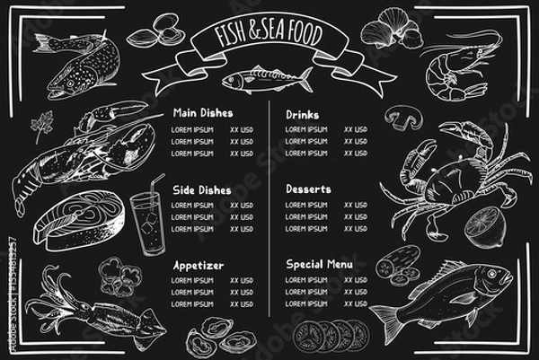 Fototapeta Hand-drawn seafood visuals suitable for food fashion. Vector template menu with black background.