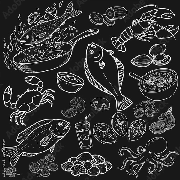 Fototapeta Hand-drawn menu with black background. Fish varieties, shrimps and mussels are carefully drawn.