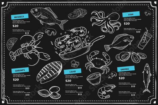 Fototapeta Hand-drawn isolated vector menu. Fried shrimps, fish varieties and calamari are integrated with the black background.