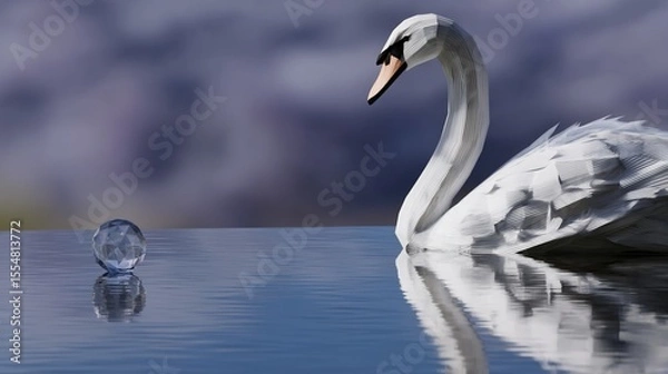 Fototapeta Graceful swan on tranquil water, crystal orb reflection