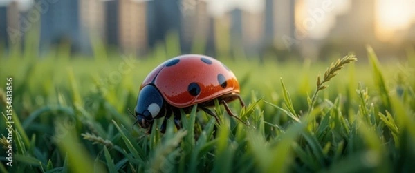 Fototapeta Close-up of ladybug on green grass blades with city buildings in background at dusk.