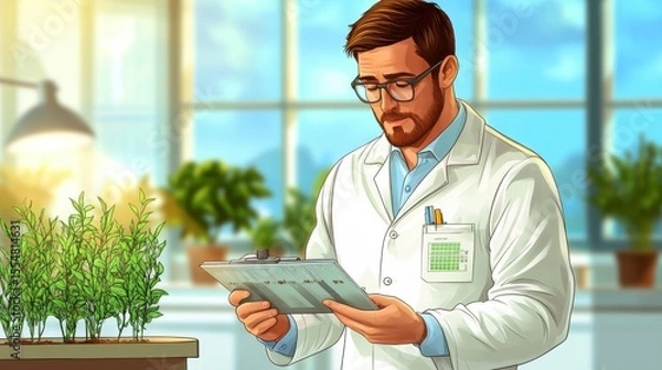 Fototapeta Researcher Evaluating Genes in Urban Greenhouse with Natural Light