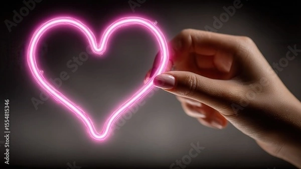 Fototapeta A woman's hand with long nails holds out an elegant heart-shaped neon light, glowing in a pink color with the inscription on it. The background is gray. Photorealistic photography.