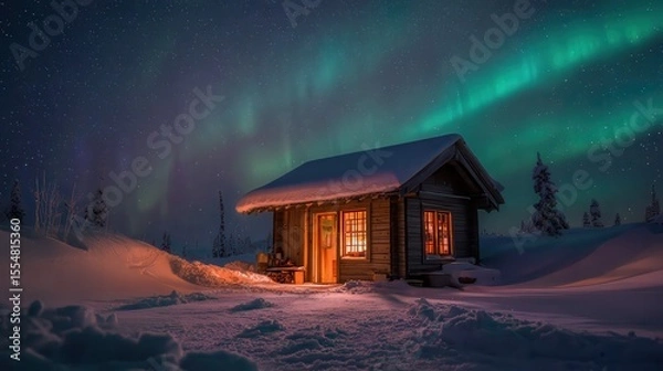 Fototapeta A tiny wooden cabin under a blanket of snow, its frosted windows glowing amber from within. The Northern Lights swirl in the sky above, casting emerald and violet reflections on.