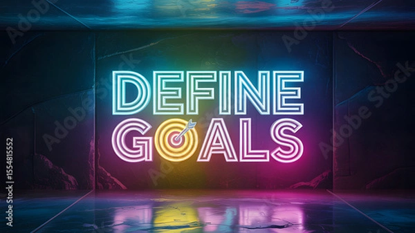 Fototapeta Neon target and arrow with "DEFINE GOALS" text on dark reflective wall

