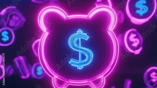 Fototapeta Neon Piggy Bank with Dollar Symbols Floating in a Glowing Scene