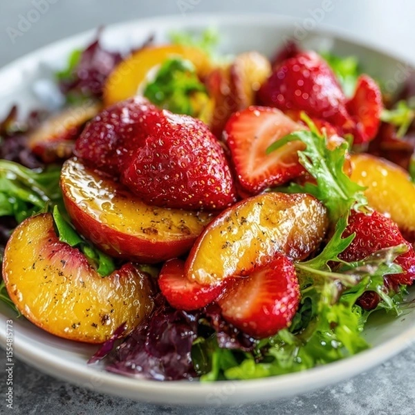 Fototapeta Strawberry and Peach Salad with Honey and Lemon Vinaigrette - Ingredients: Fresh strawberries, ripe peaches, mixed greens, honey, lemon juice, olive oil, salt, and pepper.