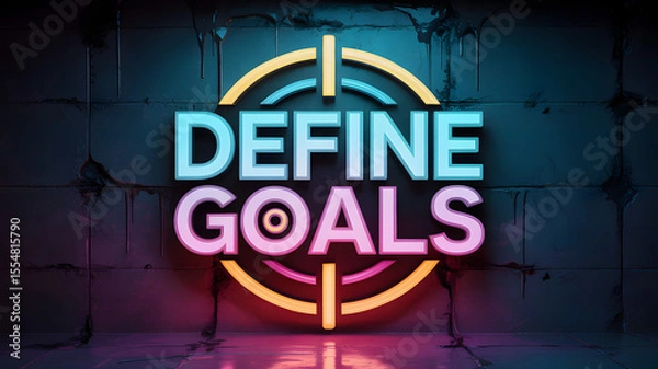 Fototapeta Neon crosshair design with "DEFINE GOALS" text on grunge wall background
