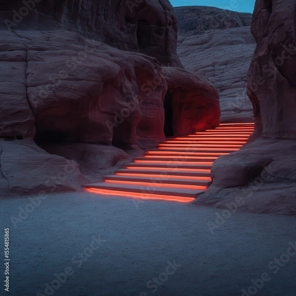 Fototapeta Futuristic, multi-planar glowing, neon pink stairs,, floating in a narrow, carved canyon. Stairs should be floating in the air. Cinematic at dusk.. A juxtaposition of neon and.