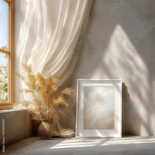 Fototapeta A cozy scene with blank white frame mockup on the wall, soft sunlight filtering through a sheer curtain, delicate plants surrounding the scene, and a peaceful, serene atmosphere.