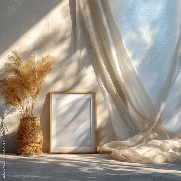 Fototapeta A cozy scene with blank white frame mockup on the wall, soft sunlight filtering through a sheer curtain, delicate plants surrounding the scene, and a peaceful, serene atmosphere.