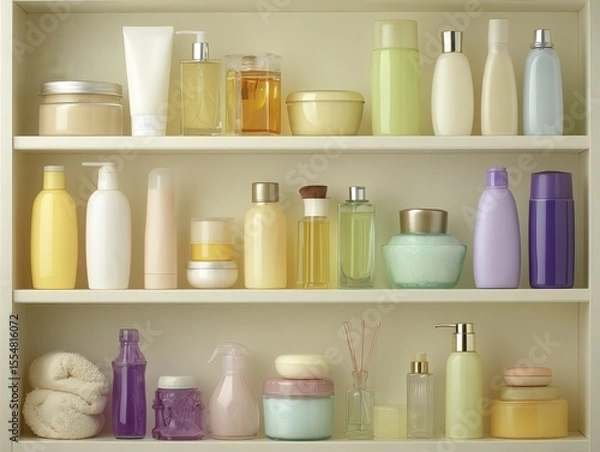 Fototapeta photo of creams and cosmetic bottles in bathroom, not many, look very nice, well organized.