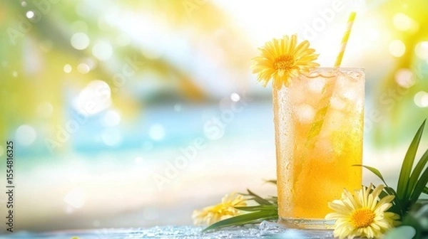 Fototapeta Refreshing Citrus Drink with Straw and Flowers in Bright Sunlight