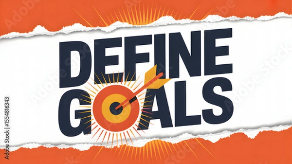 Fototapeta Torn paper design with target arrow and "DEFINE GOALS" text on orange background

