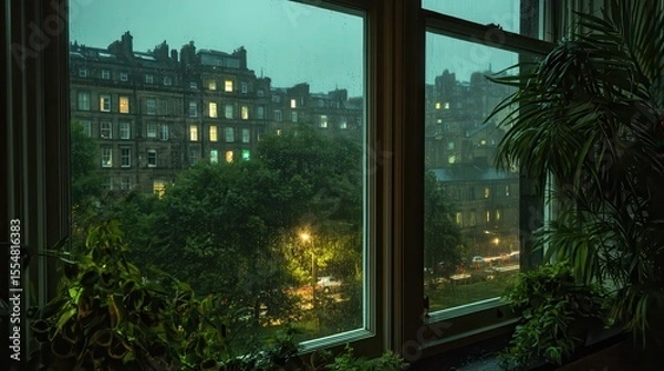 Fototapeta Looking out a single big window from an apartment in edinburgh, with the city as the view. It's raining and gloomy. And it is also night time. The scene is set in the evening.