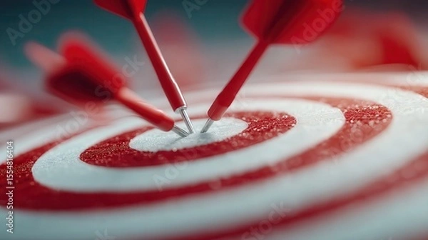 Fototapeta target board with red center, multiple arrows hitting bullseye, sharp focus, clean white background, minimalistic, vibrant red accents, precision and accuracy concept.