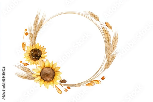Obraz Sunflower and wheat watercolor ring for harvest theme,  space inside