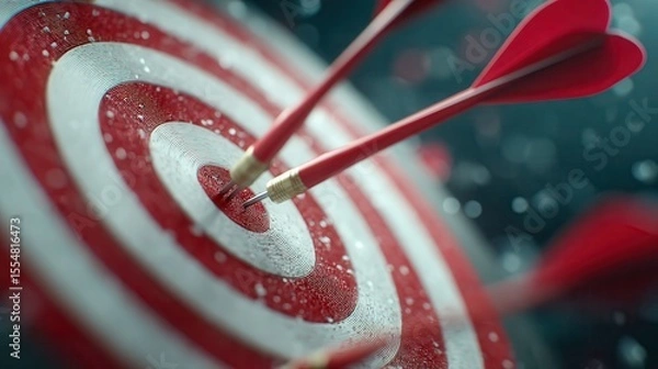 Fototapeta target board with red center, multiple arrows hitting bullseye, sharp focus, clean white background, minimalistic, vibrant red accents, precision and accuracy concept.