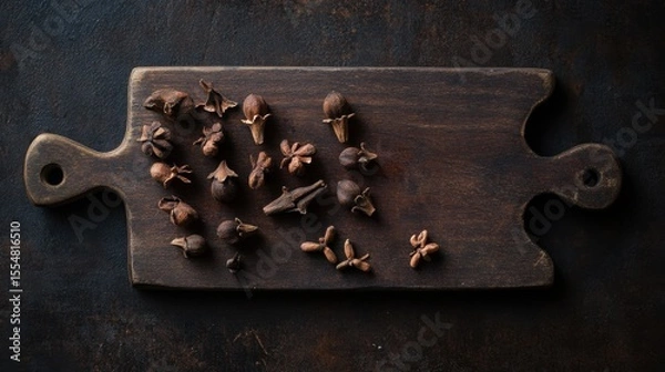 Fototapeta Assorted Whole Spices on Rustic Wooden Cutting Board Top View