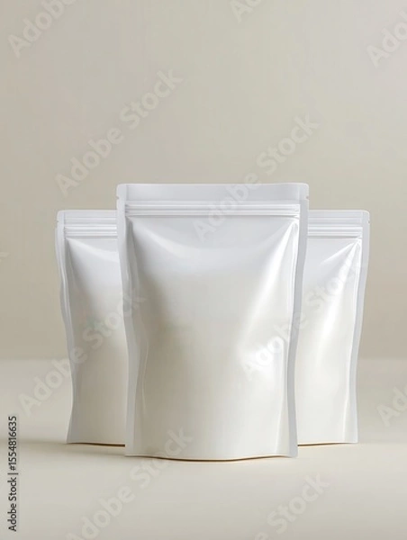 Fototapeta Background white, natural lighting. Soy milk pouch mock-up in opaque white.