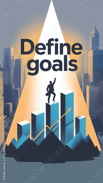 Fototapeta City skyline with spotlight on bar graph and "Define goals" text
