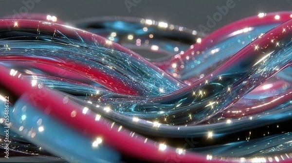 Fototapeta A futuristic abstract render of intertwined luminous structures made of liquid metal and glass, glowing in vibrant shades of color palette featuring #1684FC (blue), #E4483C.