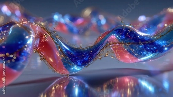 Fototapeta A futuristic abstract render of intertwined luminous structures made of liquid metal and glass, glowing in vibrant shades of color palette featuring #1684FC (blue), #E4483C.
