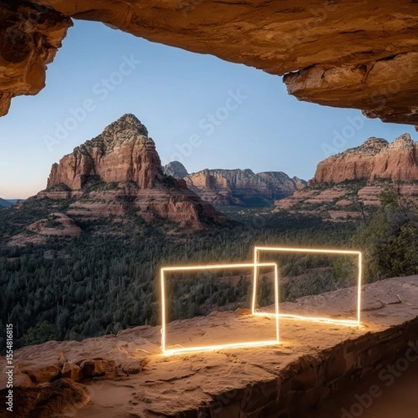 Fototapeta Futuristic, multi-planar glowing, orange 3d geometric shape, floating in a narrow, carved canyon. Cinematic at dusk.. A juxtaposition of neon and nature.