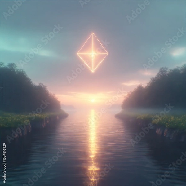 Fototapeta Futuristic, multi-planar glowing, orange 3d geometric shape, floating in a narrow, carved canyon. Cinematic at dusk.. A juxtaposition of neon and nature.