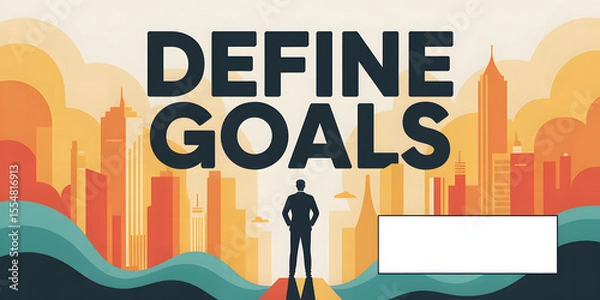 Fototapeta Businessman silhouette with orange cityscape and "DEFINE GOALS" text
