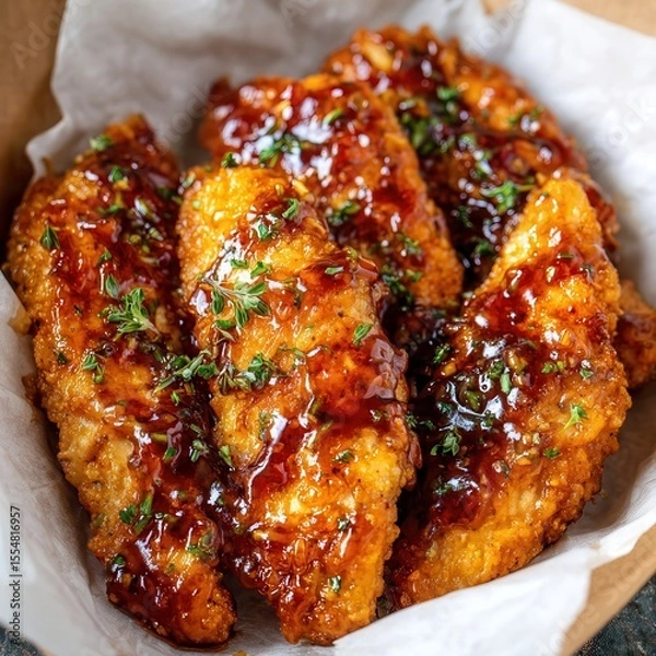 Fototapeta Easy Air Fryer Chicken Tenders coated with Sweet Garlic Glaze, no garnish, mouthwatering, sticky, glazed, appetizing and wet. strictly no garnish, no herbs at all on top.