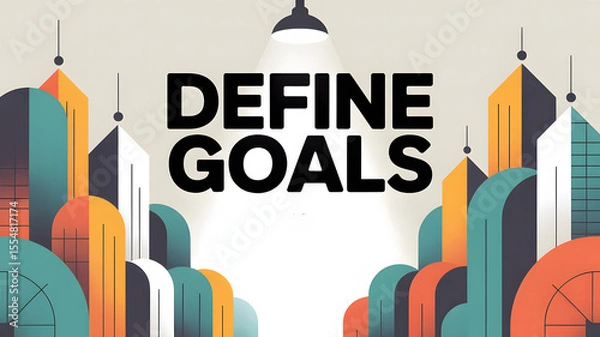 Fototapeta Spotlight on colorful city buildings with "DEFINE GOALS" text
