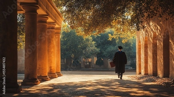 Fototapeta Graduating student walks away from colonnaded pathway