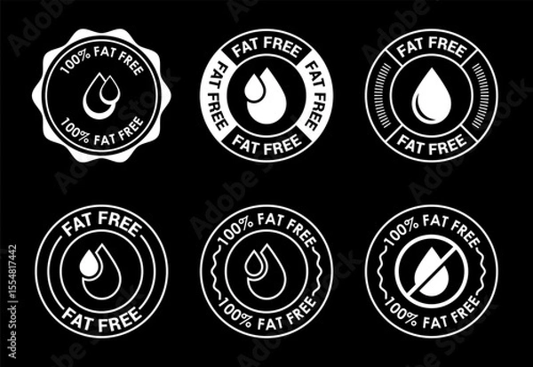 Fototapeta Fat free icons set design. Zero fat circle badge label for dietary product symbol white on black background
